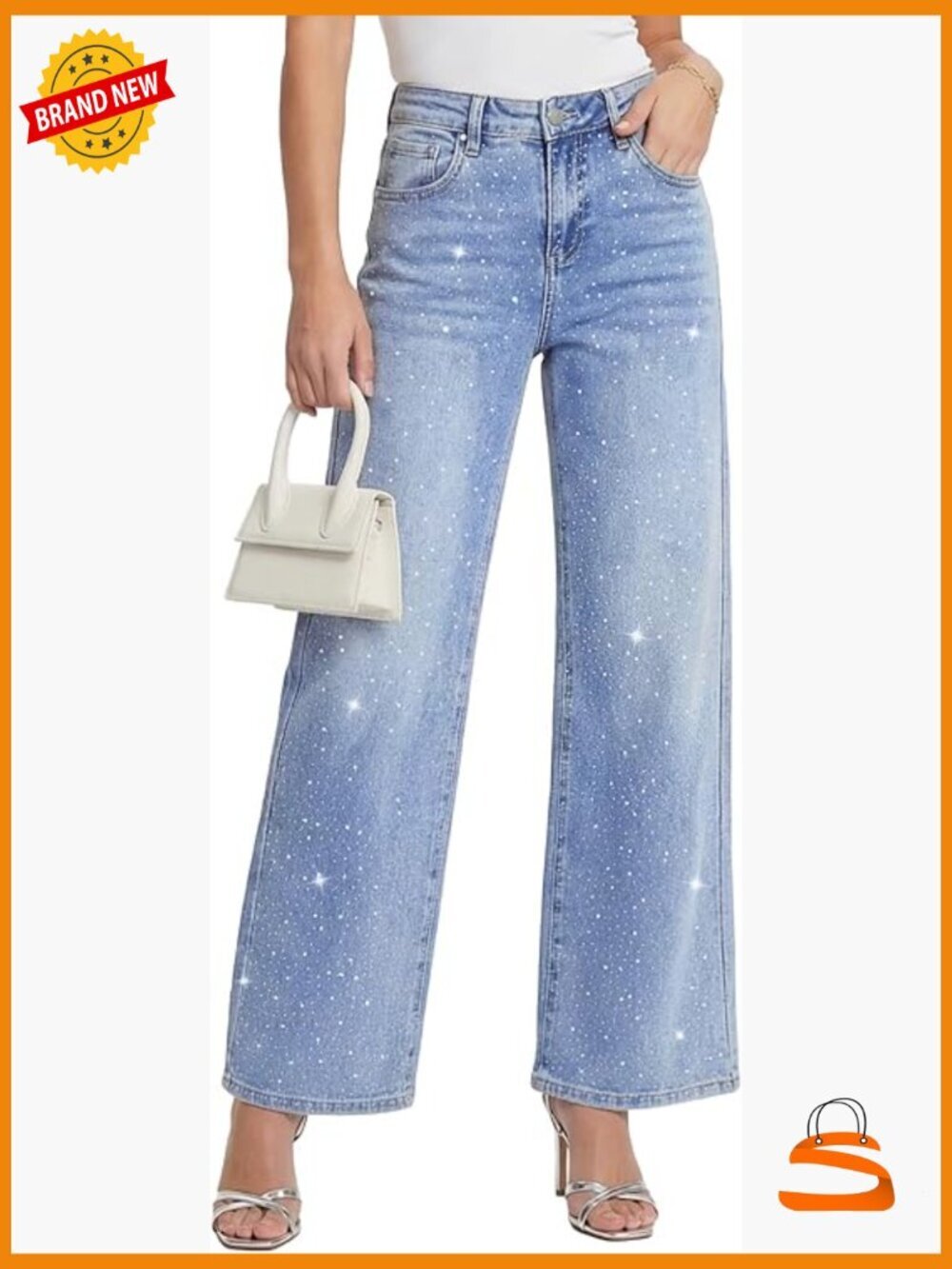 Straight Leg Rhinestone Jeans High Waisted Wide Leg Sparkly Denim Pants Y2K
